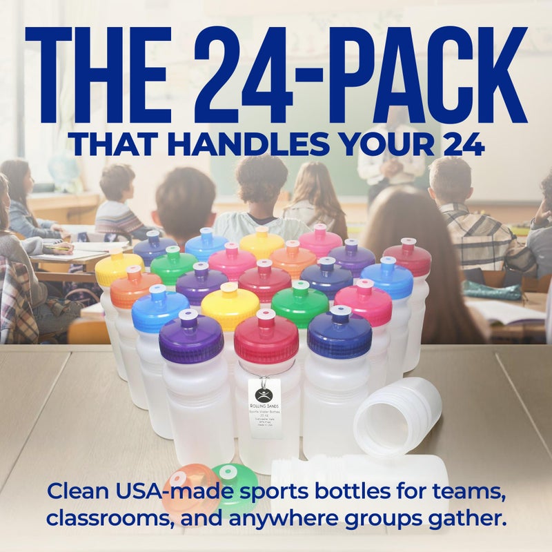 Rolling Sands Reusable Bulk Water Bottles 24 Pack - 20 Oz Sports Water Bottles, USA Made, BPA-Free, Wide Mouth for Easy Cleaning, Dishwasher Safe, Break Resistant - Clear Frost Bottle/Yellow Lid - Image 3